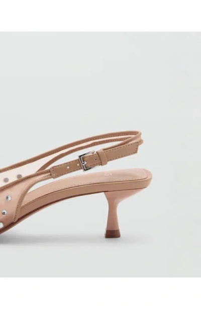 Mango Crystal Pointed Toe Kitten Heel Slingback Pump In Beige