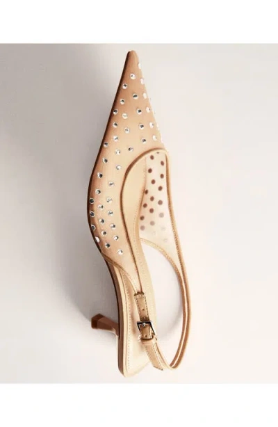 Mango Crystal Pointed Toe Kitten Heel Slingback Pump In Beige