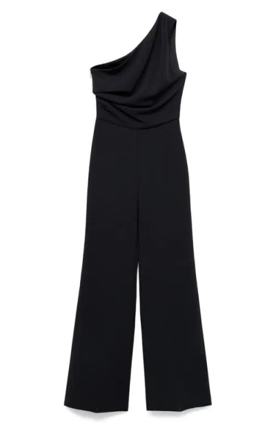 Mango One-shoulder Drape Jumpsuit In Black