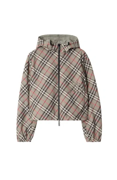 Burberry Cropped Reversible Check Jacket In Mauve Grey