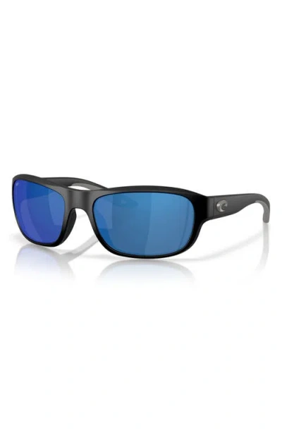 Costa Del Mar Clipperton 58mm Polarized Rectangular Sunglasses In Matte Black/blue Mirror 580p