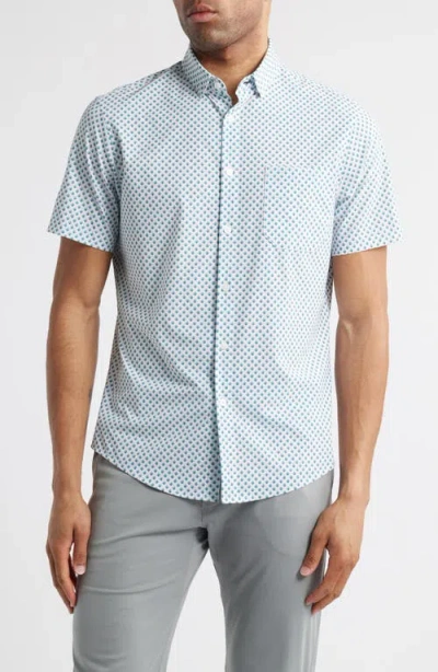 Mizzen + Main Mizzen+main Leeward Trim Fit Diamond Print Short Sleeve Stretch Button-up Shirt In White Foulard