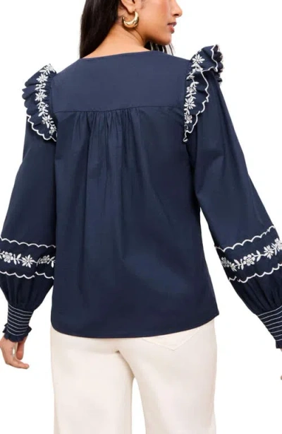 Friends Like These Ruffle Embroidered Scallop Trim Top In Blue