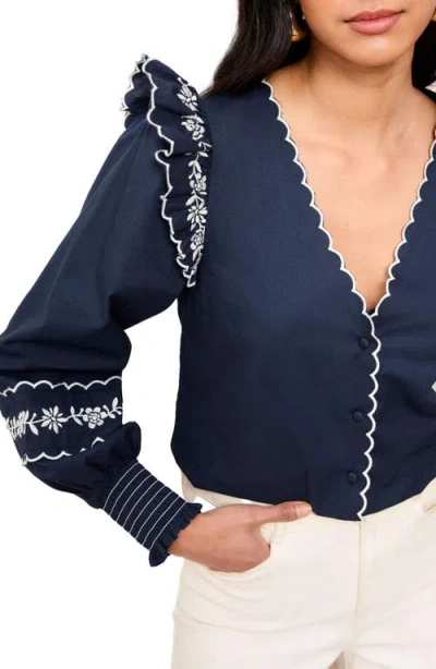 Friends Like These Ruffle Embroidered Scallop Trim Top In Blue