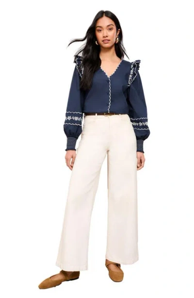 Friends Like These Ruffle Embroidered Scallop Trim Top In Blue