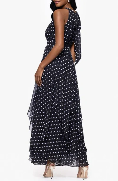 Betsy & Adam Polka Dot Handkerchief Hem Gown In Black/white