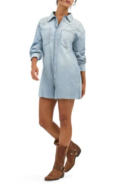 Wrangler Heritage Long Sleeve Denim Romper In Pale Blue Wash