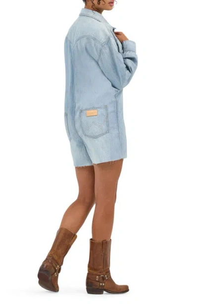 Wrangler Heritage Long Sleeve Denim Romper In Pale Blue Wash