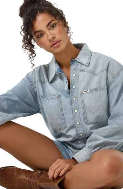 Wrangler Heritage Long Sleeve Denim Romper In Pale Blue Wash