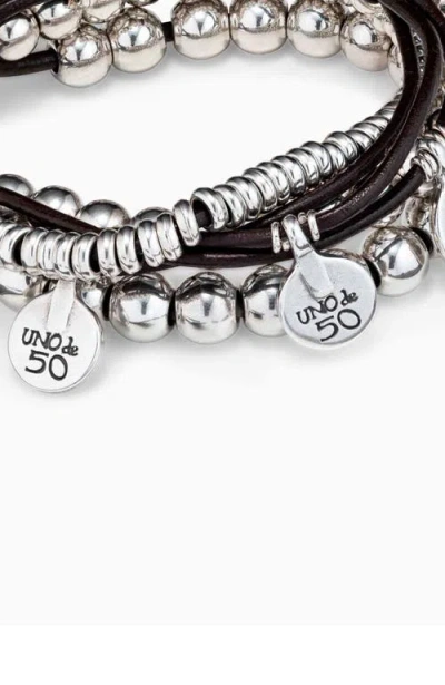 Unode50 Leather And Sterling Silver-plated Bracelet In Silver