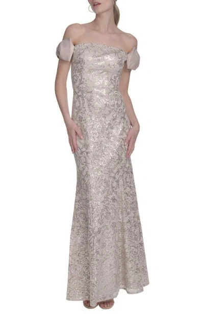 Eliza J Bow Sequin Off The Shoulder Mermaid Gown In Champagne