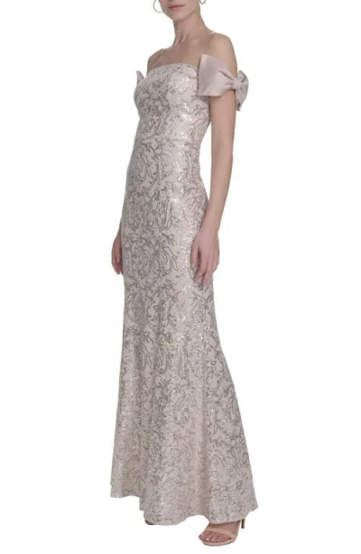 Eliza J Bow Sequin Off The Shoulder Mermaid Gown In Champagne