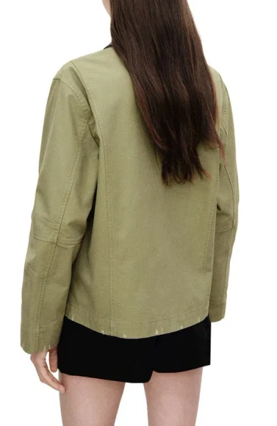 Mango Cotton Jacket With Faux Leather Collar In Khaki Green