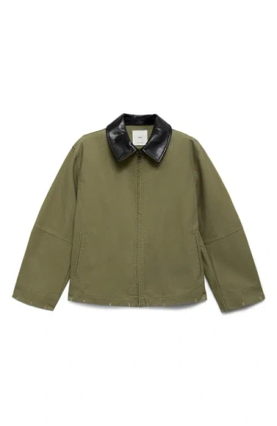 Mango Cotton Jacket With Faux Leather Collar In Khaki Green