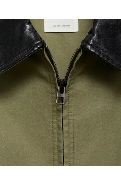 Mango Cotton Jacket With Faux Leather Collar In Khaki Green