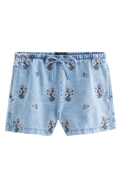 Next Embroidered Tie Waist Denim Shorts In Blue