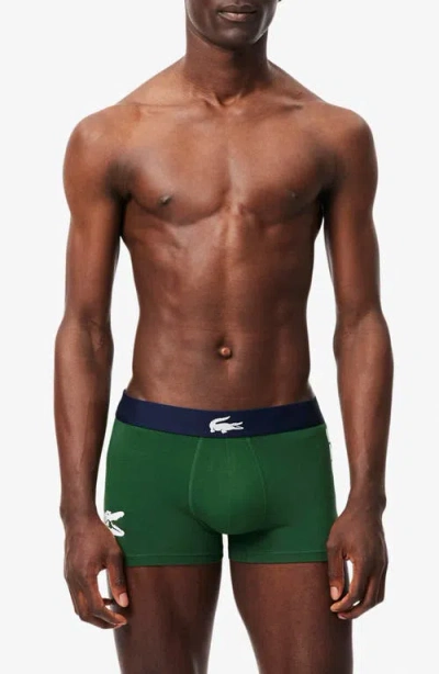 Lacoste 3-pack Stretch Cotton Trunks In Thyme/navy Blue/white