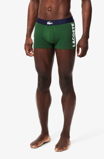 Lacoste 3-pack Stretch Cotton Trunks In Thyme/navy Blue/white