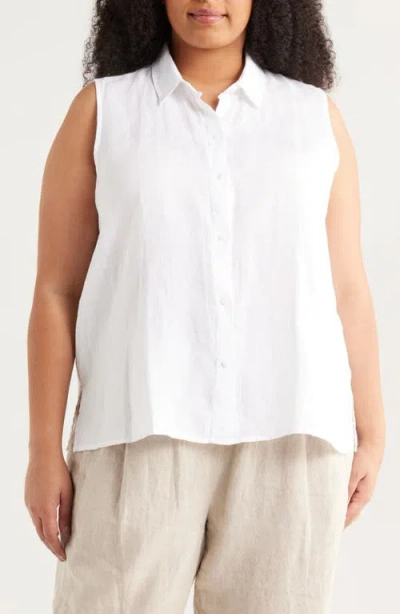 Eileen Fisher Classic Sleeveless Organic Linen Button-up Shirt In White