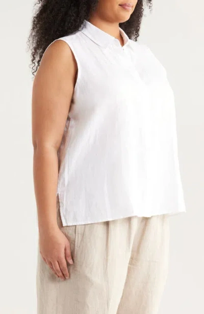 Eileen Fisher Classic Sleeveless Organic Linen Button-up Shirt In White