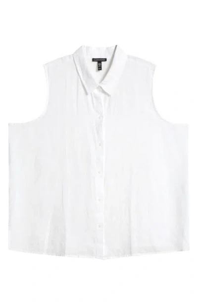 Eileen Fisher Classic Sleeveless Organic Linen Button-up Shirt In White