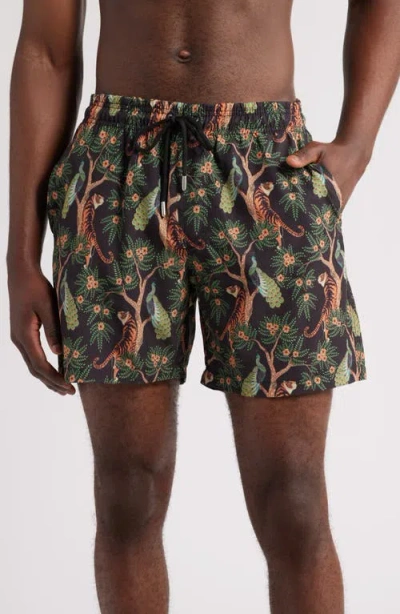 Stone Rose Tiger Print Swim Trunks In Black