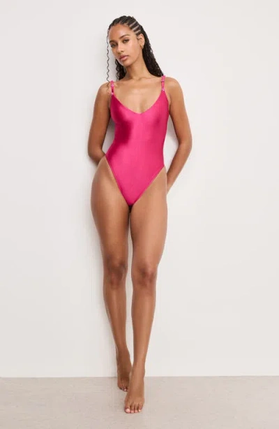 Good American Satin Deep V One-piece Swimsuit In Fuschia002