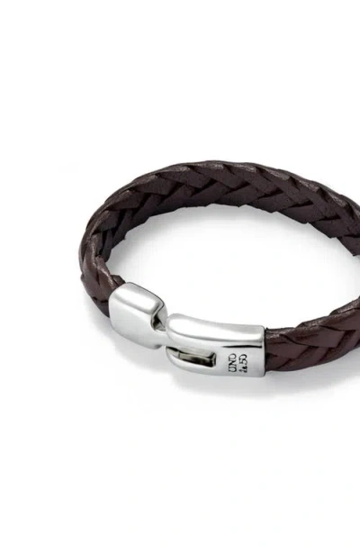 Unode50 Cognac Color Braided Leather Sterling Silver-plated Bracelet With Clasp. In Brown