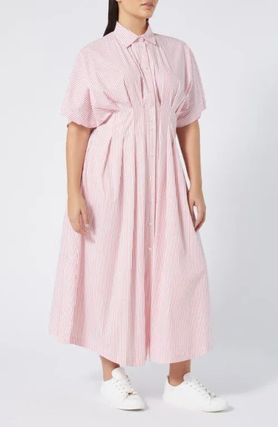 Marina Rinaldi Locri Stripe Short Sleeve Cotton Poplin Shirtdress In Red