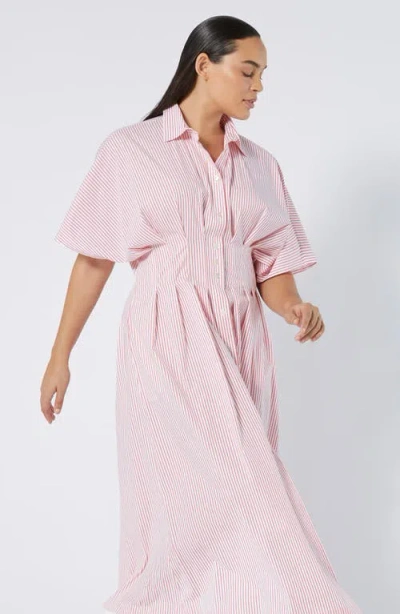Marina Rinaldi Locri Stripe Short Sleeve Cotton Poplin Shirtdress In Red