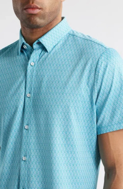Mizzen + Main Mizzen+main Halyard Trim Fit Geo Print Short Sleeve Performance Button-up Shirt In Teal Diamond Mirage