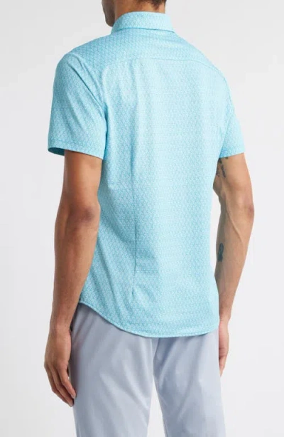 Mizzen + Main Mizzen+main Halyard Trim Fit Geo Print Short Sleeve Performance Button-up Shirt In Teal Diamond Mirage