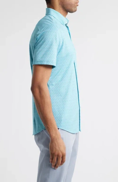 Mizzen + Main Mizzen+main Halyard Trim Fit Geo Print Short Sleeve Performance Button-up Shirt In Teal Diamond Mirage
