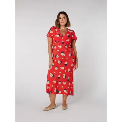 Live Unlimited Floral Puff Short Sleeve Midi Dress In Red