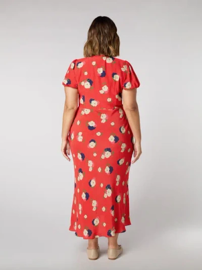 Live Unlimited Floral Puff Short Sleeve Midi Dress In Red