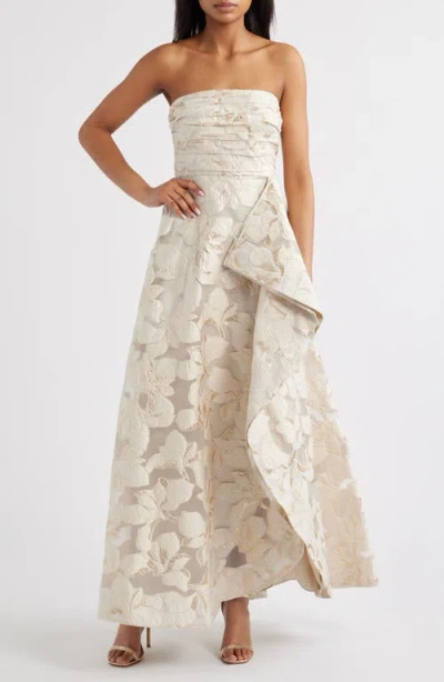Tahari Asl Metallic Floral Jacquard Strapless Gown In Pearl