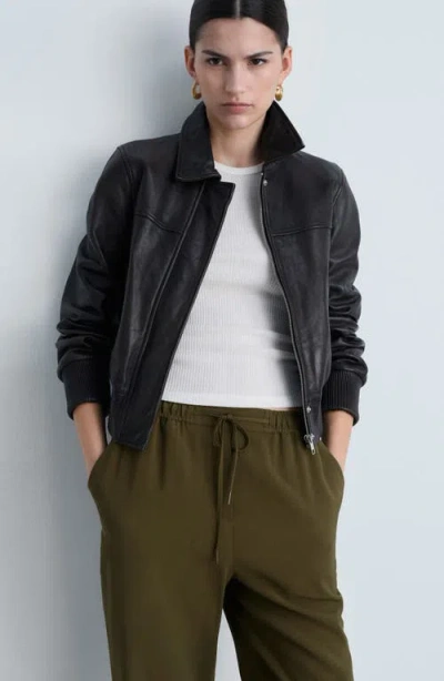 Mango Elastic Waist Flowy Pants In Khaki Green