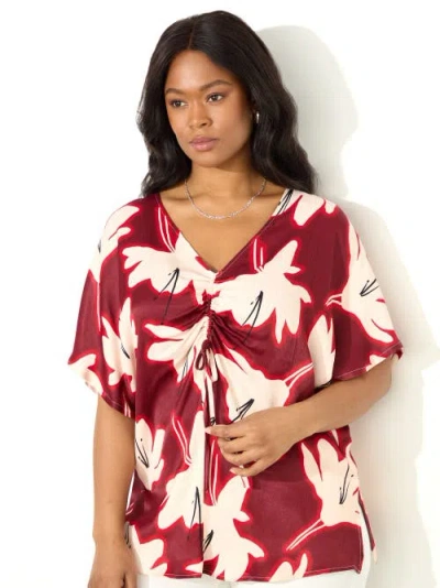 Live Unlimited Floral Print Ruched Front Blouse In Red Floral