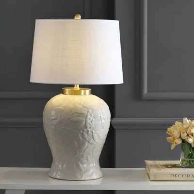 Jonathan Y Designs Regency Palm Leaf 31 5 Ceramic Metal Bohemian Cottage Led Table Lamp In Cream
