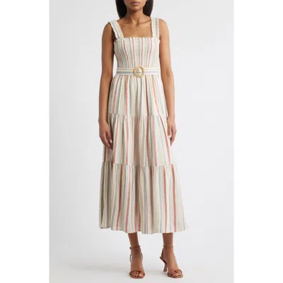 Anne Klein Smocked Bodice Belted Tiered Midi Sundress In Multi
