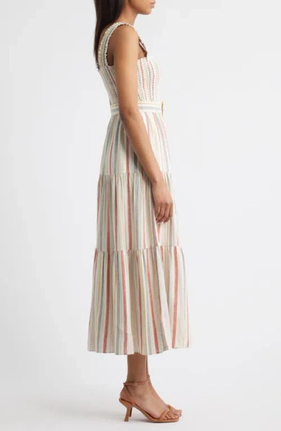 Anne Klein Smocked Bodice Belted Tiered Midi Sundress In Multi