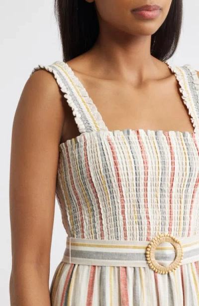 Anne Klein Smocked Bodice Belted Tiered Midi Sundress In Multi