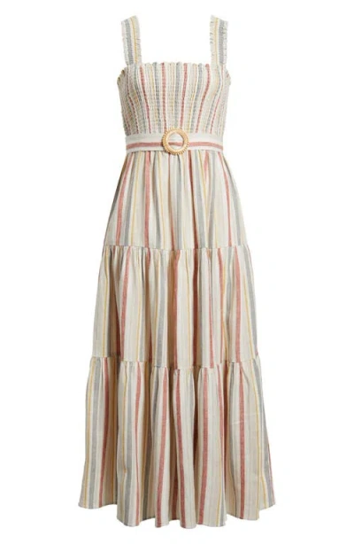 Anne Klein Smocked Bodice Belted Tiered Midi Sundress In Multi