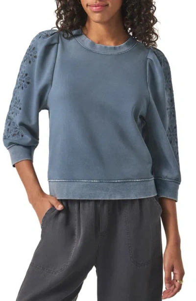 Splendid Rory Embroidered Eyelet Sleeve Sweatshirt In Indigo