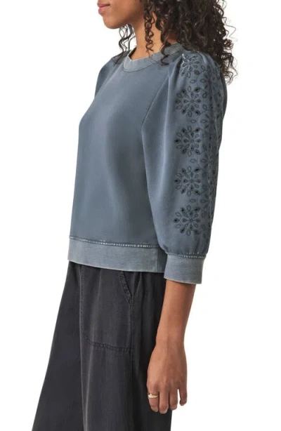 Splendid Rory Embroidered Eyelet Sleeve Sweatshirt In Indigo