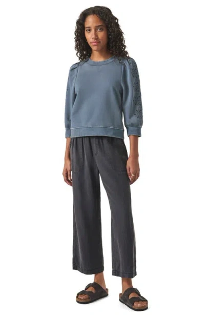 Splendid Rory Embroidered Eyelet Sleeve Sweatshirt In Indigo