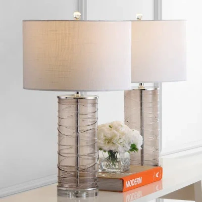 Jonathan Y Designs Cole 27.5in Modern Fused Glass Cylinder Led Table Lamp In Smoky Gray