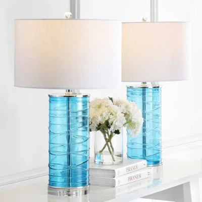 Jonathan Y Cole 27.5in Modern Fused Glass Cylinder Led Table Lamp In Turquoise