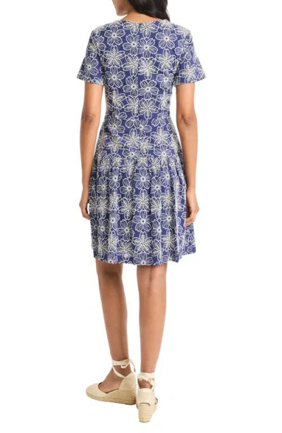 Maggy London Embroidered Flare Dress In Blue/white