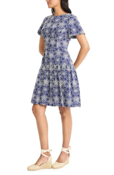 Maggy London Embroidered Flare Dress In Blue/white
